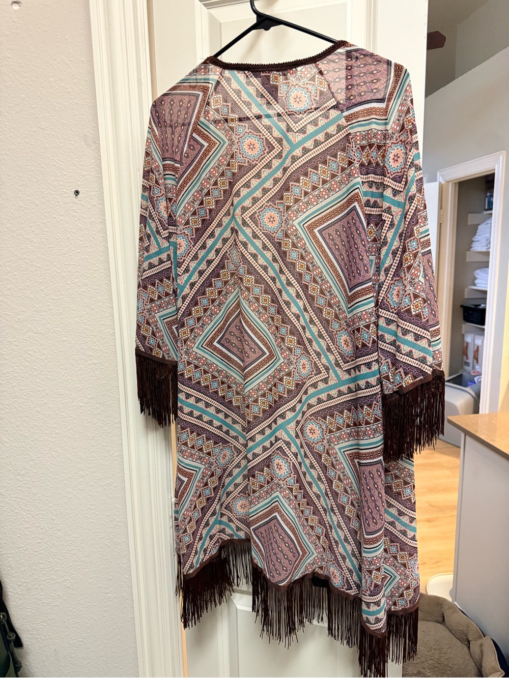 American Rag Brown Teal Geometric Fringe Kimono